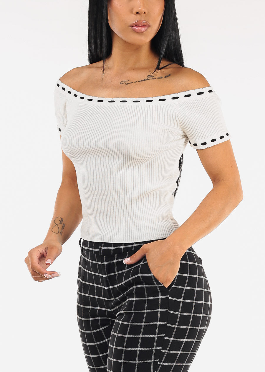 Stretch Off Shoulder Ribbed Top White