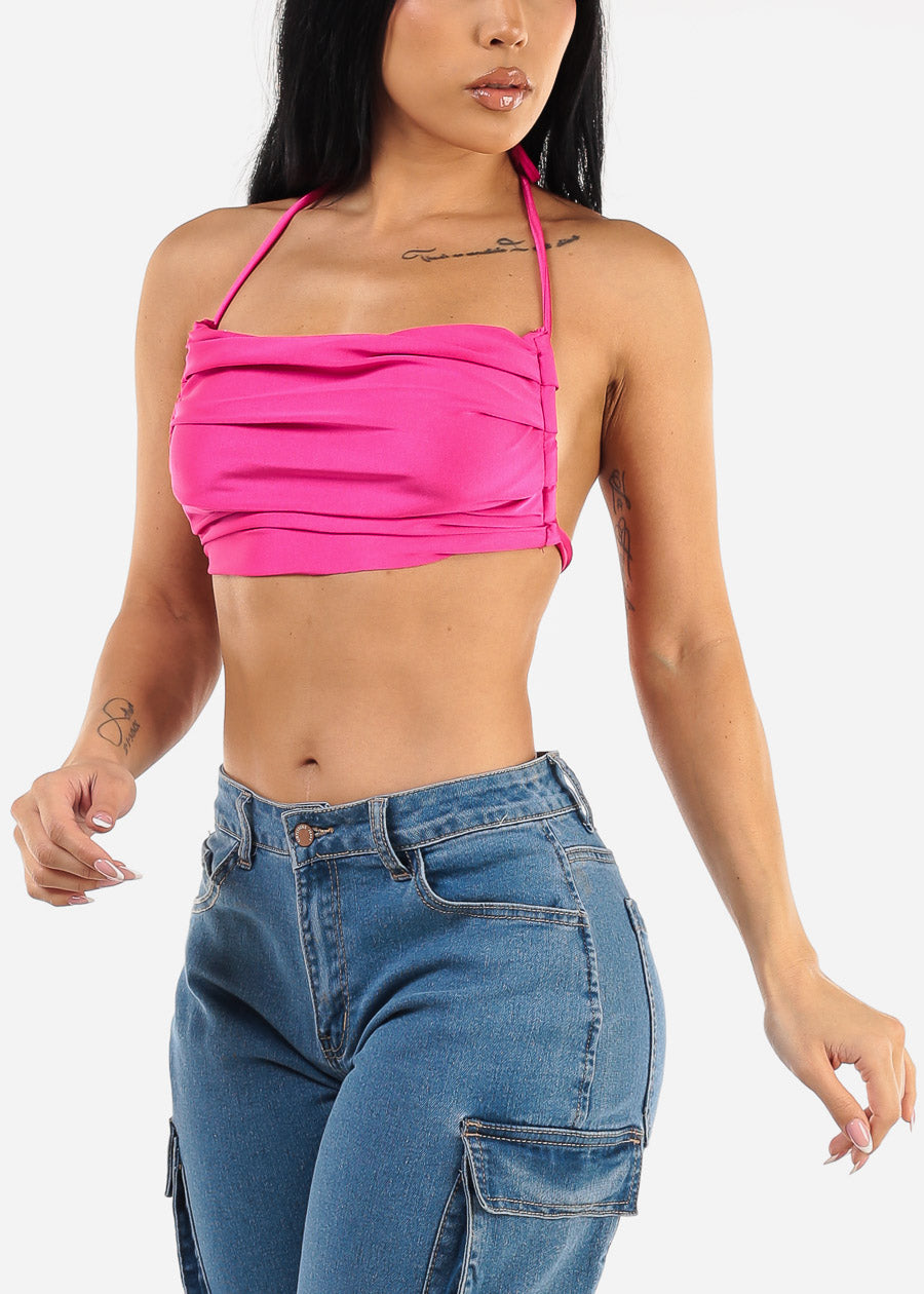 Open Tie Back Halter Crop Top Fuchsia