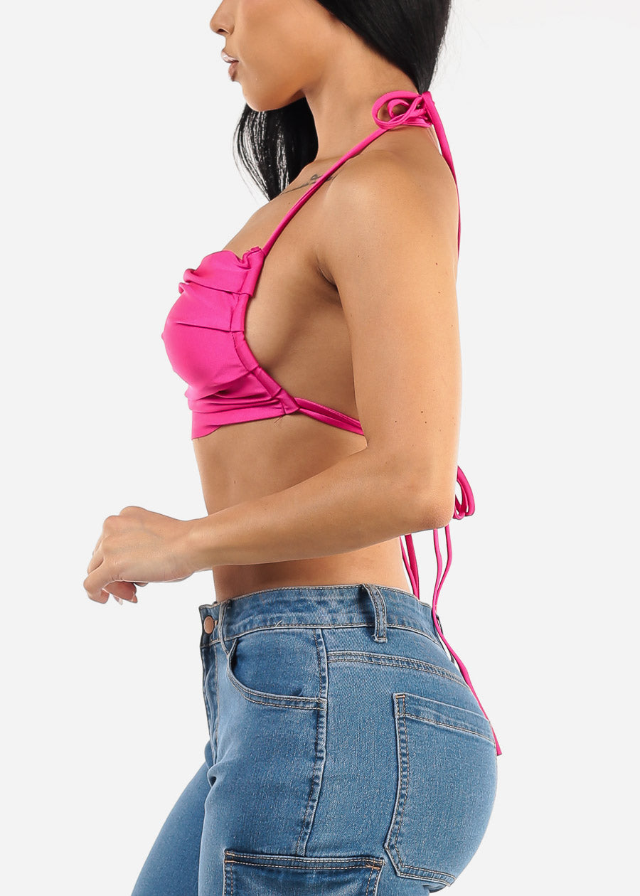 Open Tie Back Halter Crop Top Fuchsia