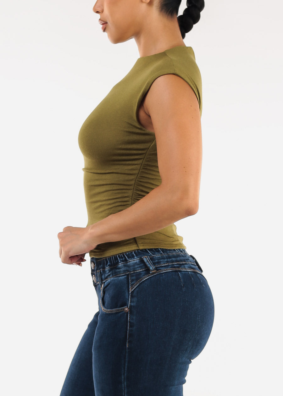 Stretchy Mock Neck Sleeveless Ruched Top Olive