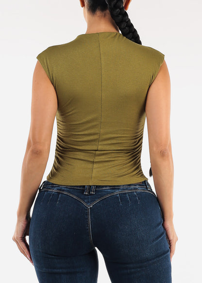 Stretchy Mock Neck Sleeveless Ruched Top Olive