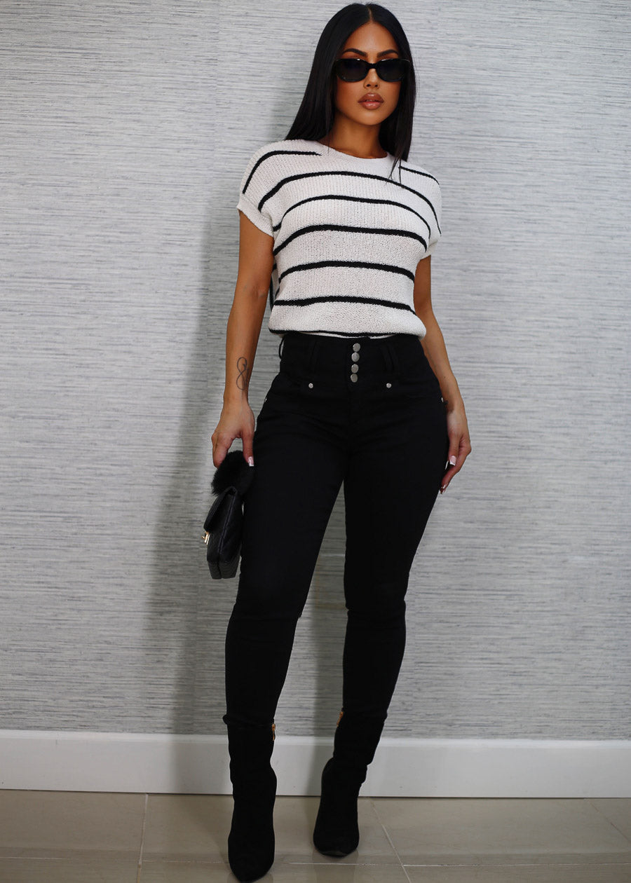 Short Sleeve Stripe Knit Sweater Top Ivory