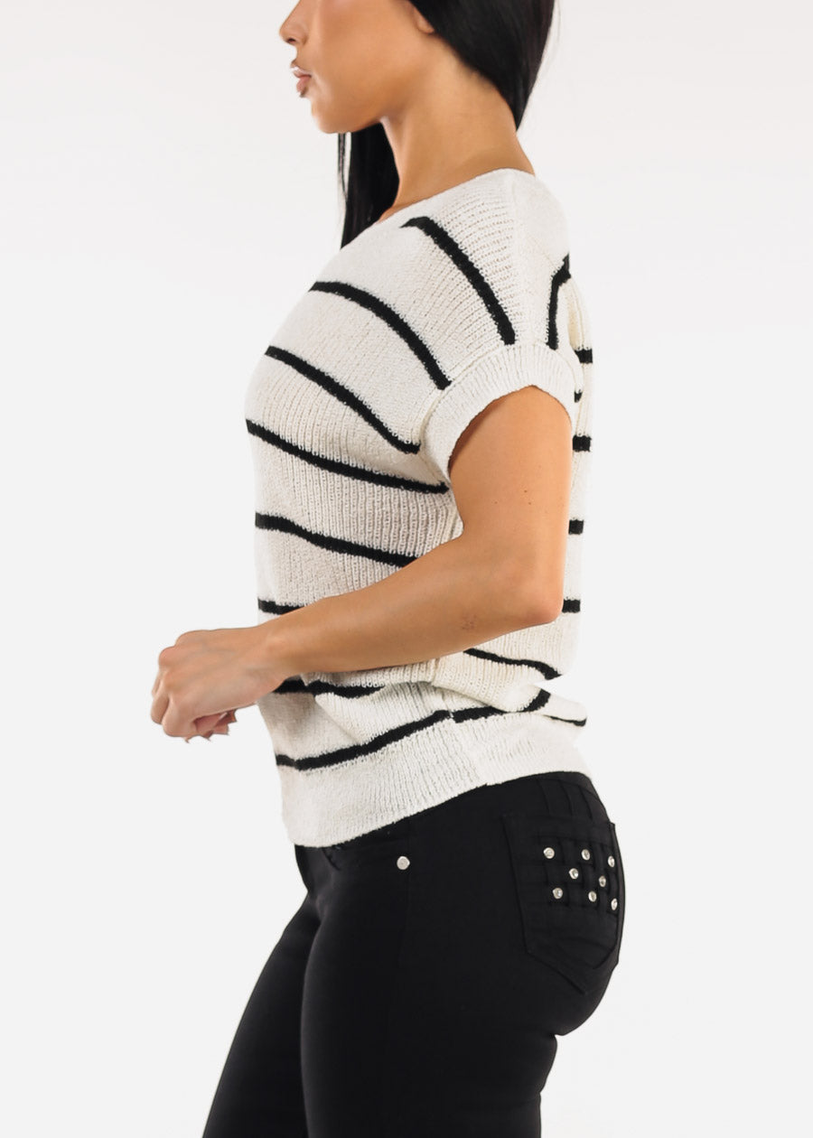 Short Sleeve Stripe Knit Sweater Top Ivory