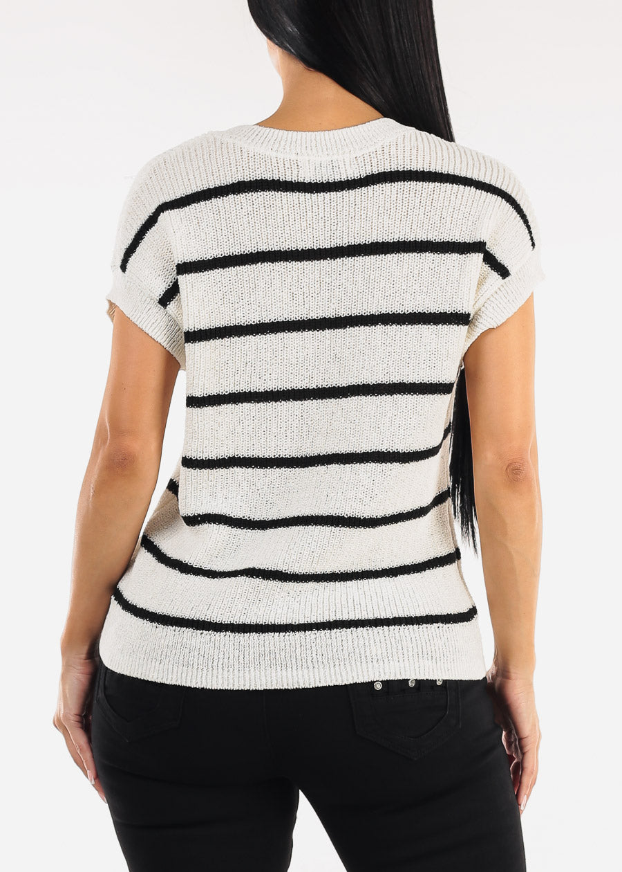 Short Sleeve Stripe Knit Sweater Top Ivory