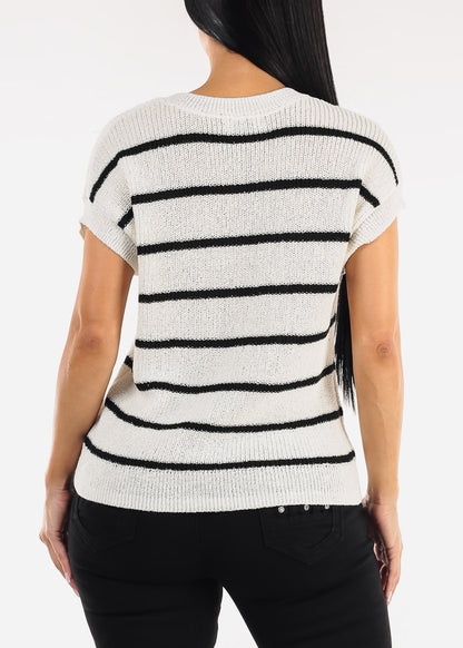 Short Sleeve Stripe Knit Sweater Top Ivory