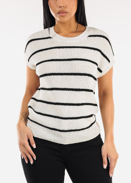Short Sleeve Stripe Knit Sweater Top Ivory