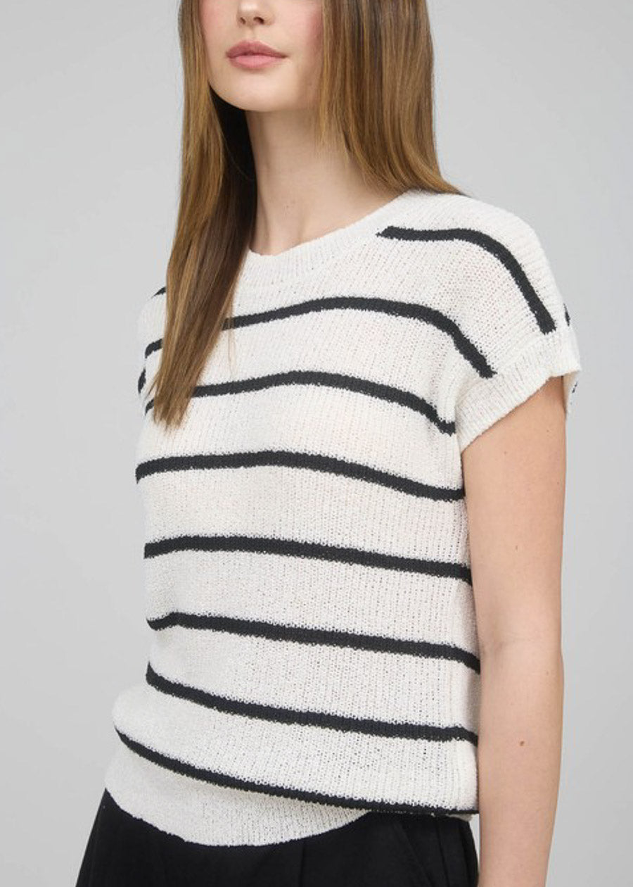 Short Sleeve Stripe Knit Sweater Top Ivory