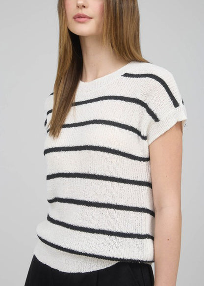 Short Sleeve Stripe Knit Sweater Top Ivory