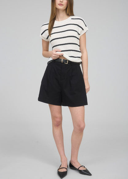 Short Sleeve Stripe Knit Sweater Top Ivory