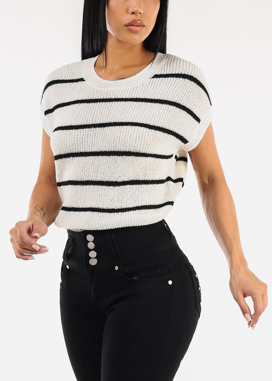 Short Sleeve Stripe Knit Sweater Top Ivory