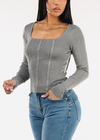 Long Sleeve Square Neck Stretch Sweater Top Grey