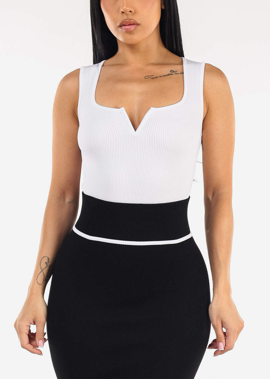 Sleeveless Stretch Ribbed Thong Bodysuit White