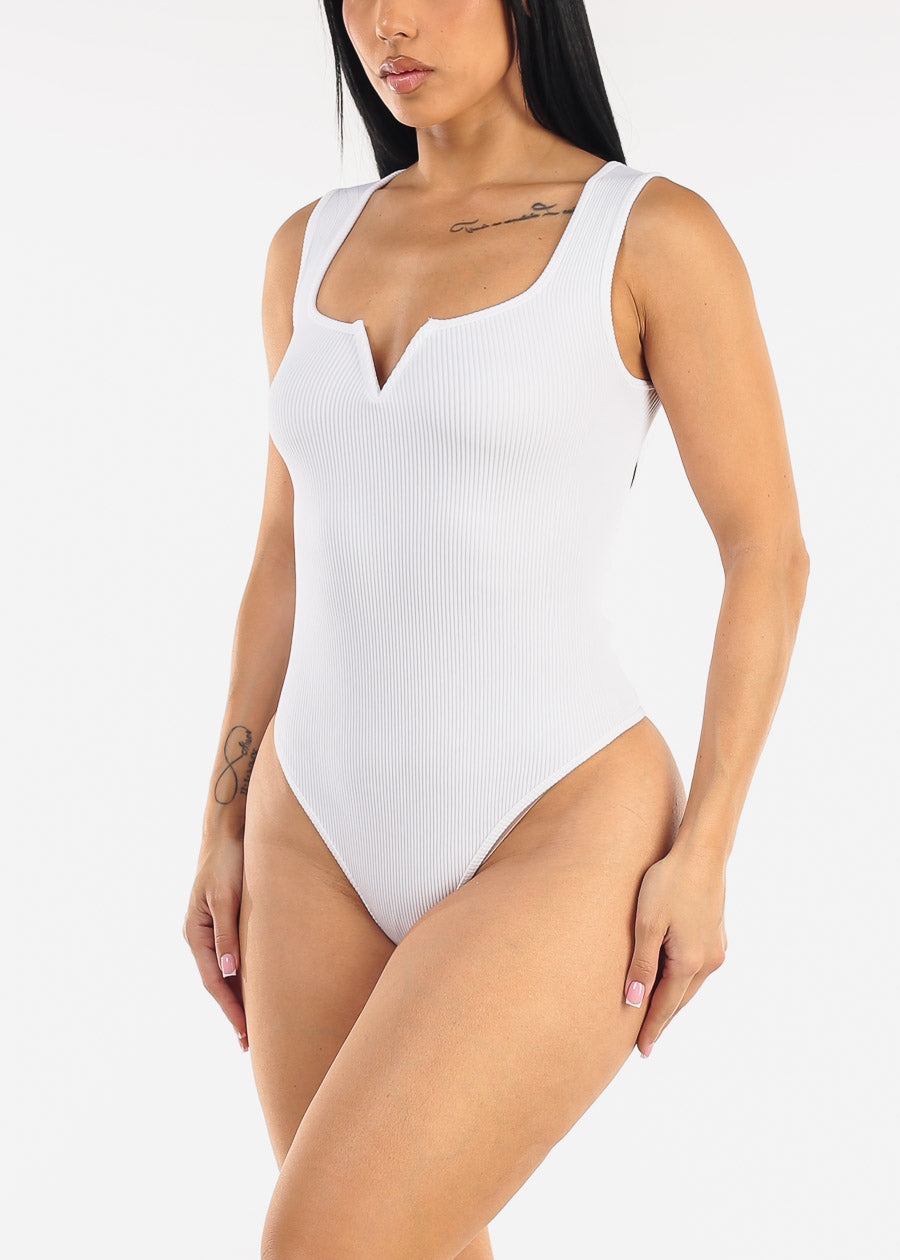 Sleeveless Stretch Ribbed Thong Bodysuit White