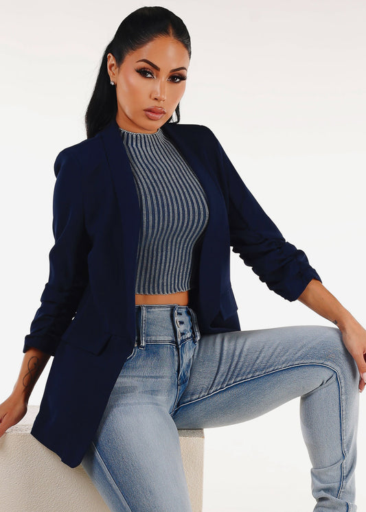 Quarter Sleeve Open Front Blazer Navy