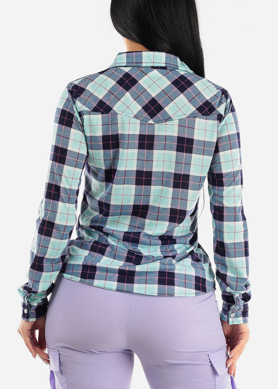 Long Sleeve Snap Button Plaid Shirt Aqua & Blue