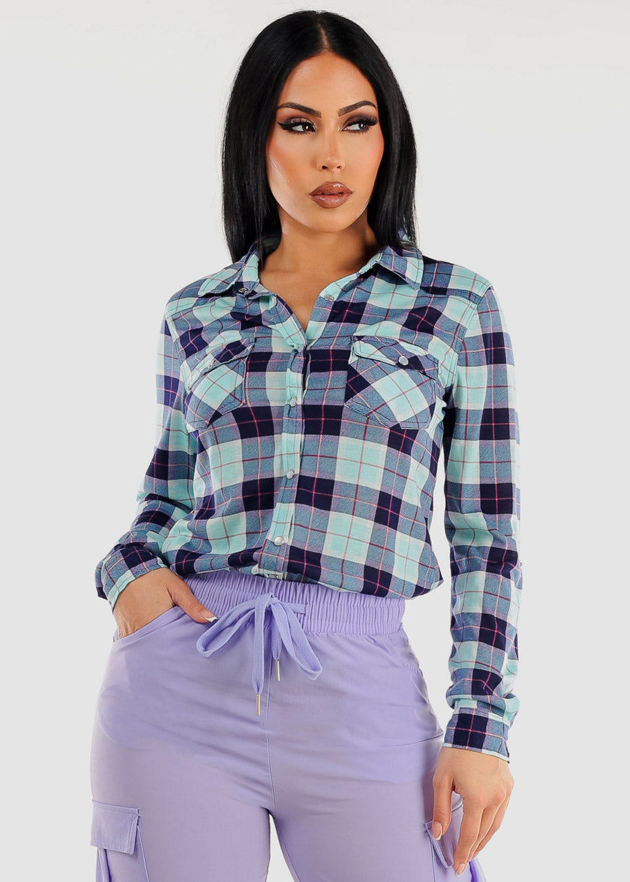 Long Sleeve Snap Button Plaid Shirt Aqua & Blue