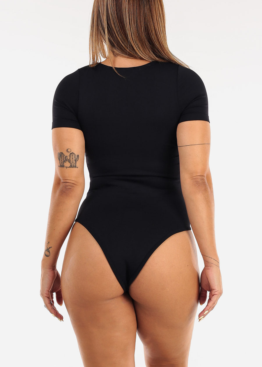 Short Sleeve Scoop Neck Stretch Bodysuit Black
