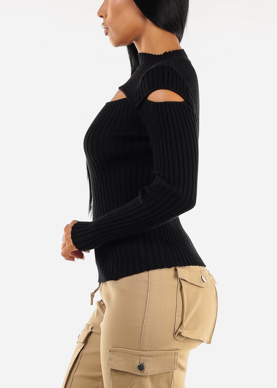 Mock Neck Stretchy Knit Cut Out Light Sweater Black