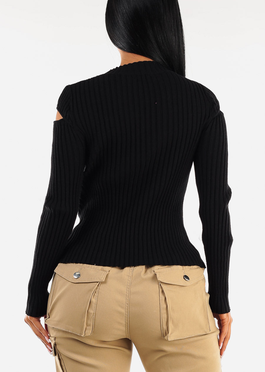 Mock Neck Stretchy Knit Cut Out Light Sweater Black