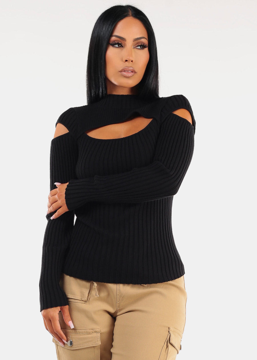 Mock Neck Stretchy Knit Cut Out Light Sweater Black