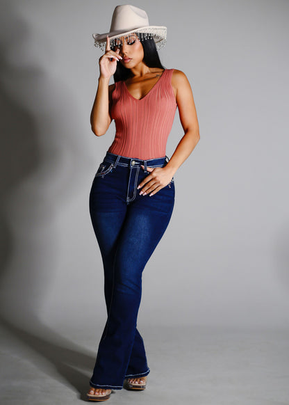 Sleeveless Vneck Knitted Stretch Top Rose