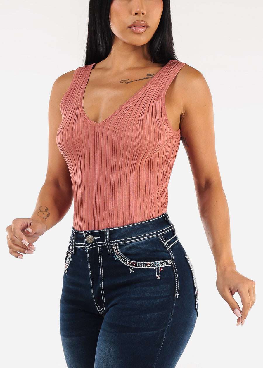 Sleeveless Vneck Knitted Stretch Top Rose
