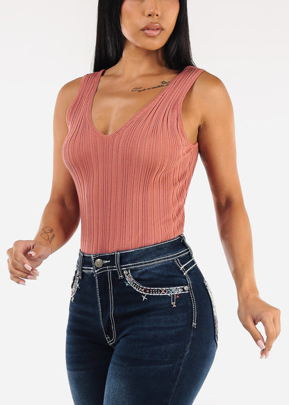 Sleeveless Vneck Knitted Stretch Top Rose