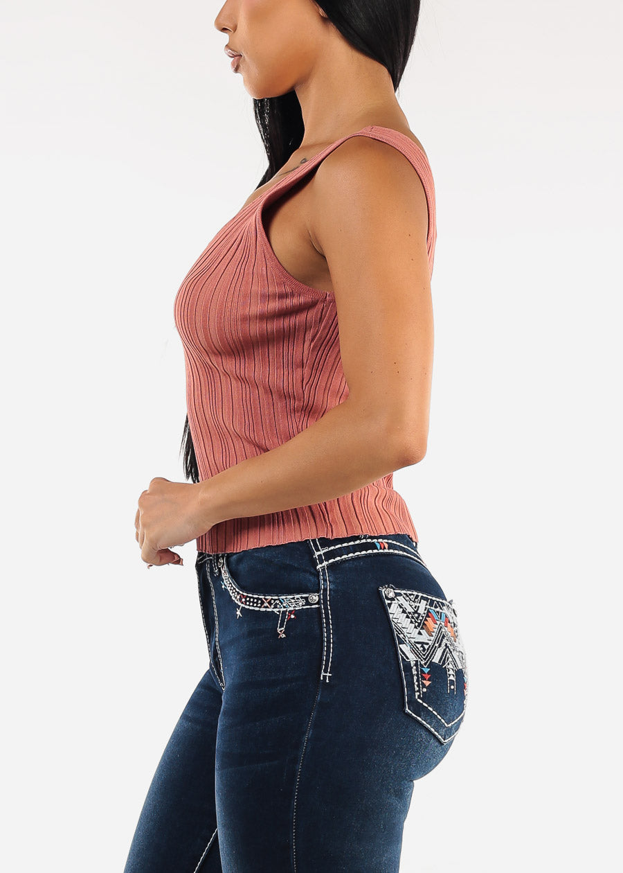 Sleeveless Vneck Knitted Stretch Top Rose