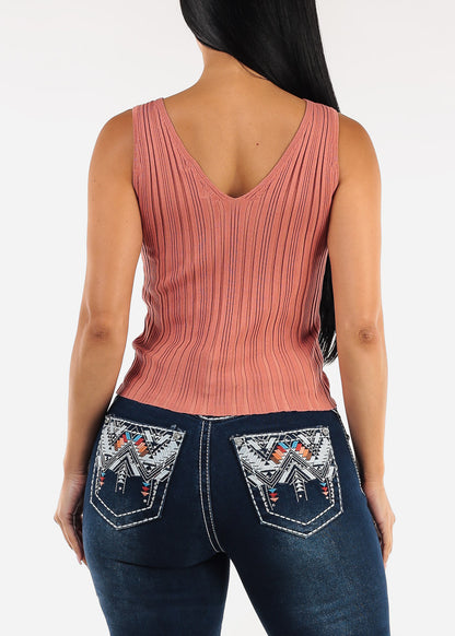 Sleeveless Vneck Knitted Stretch Top Rose