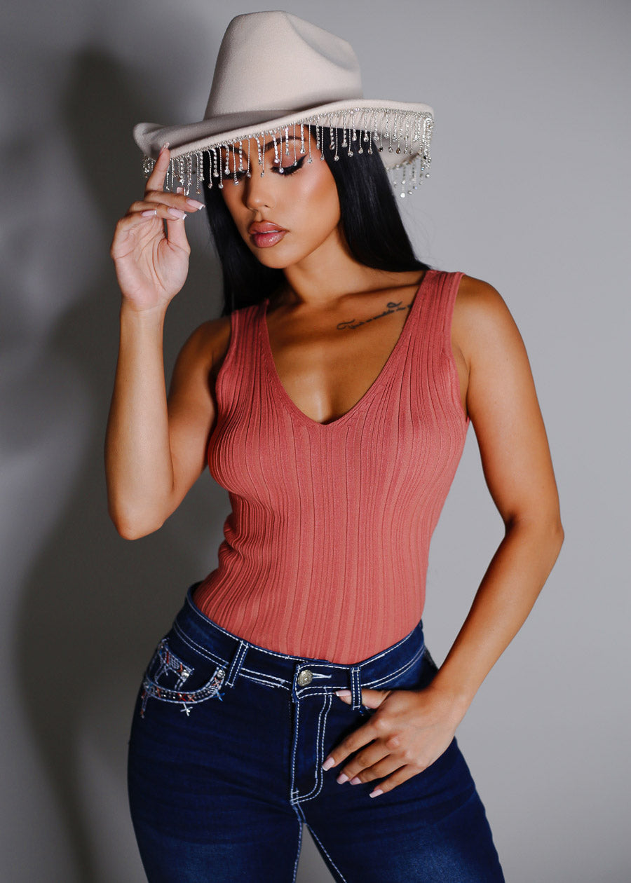 Sleeveless Vneck Knitted Stretch Top Rose