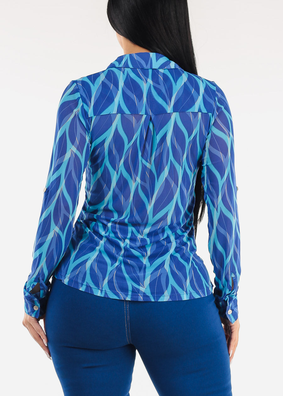 Stretch Long Sleeve Button Up Mesh Blouse Leaf Print Blue
