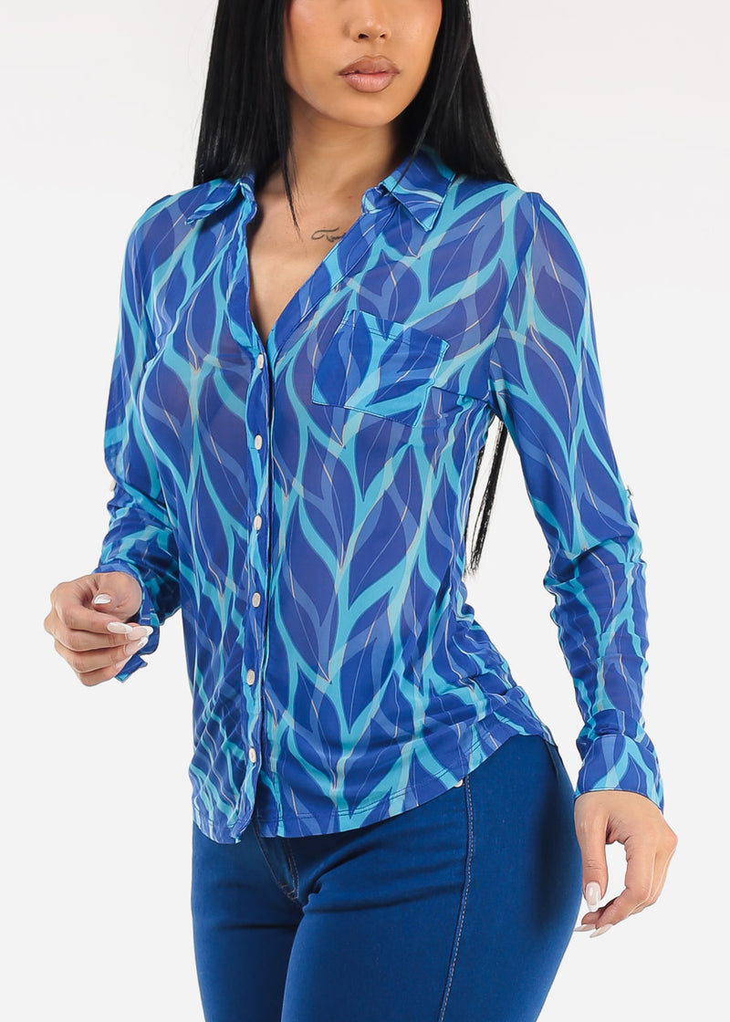 Stretch Long Sleeve Button Up Mesh Blouse Leaf Print Blue