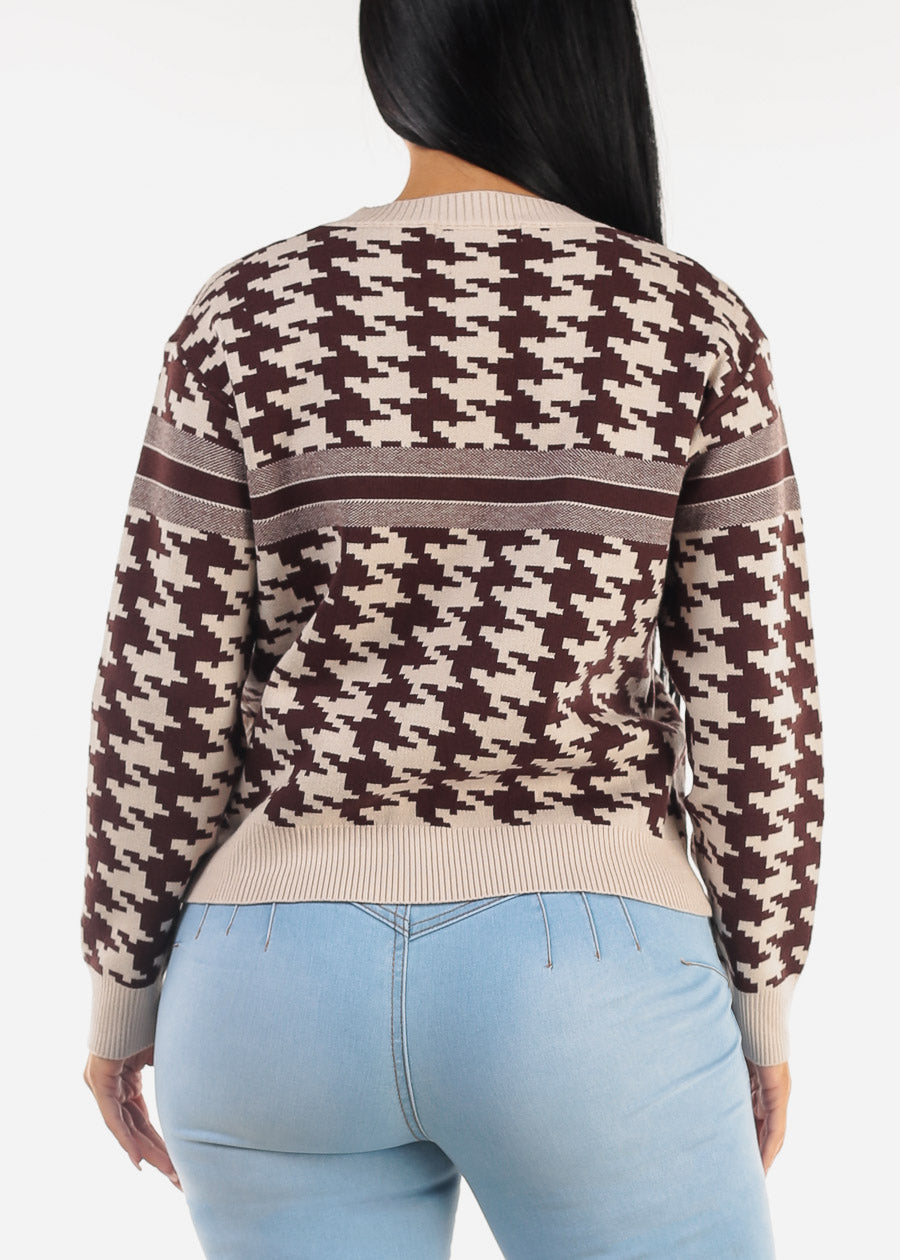 Round Neck Long Sleeve Printed Sweater Taupe