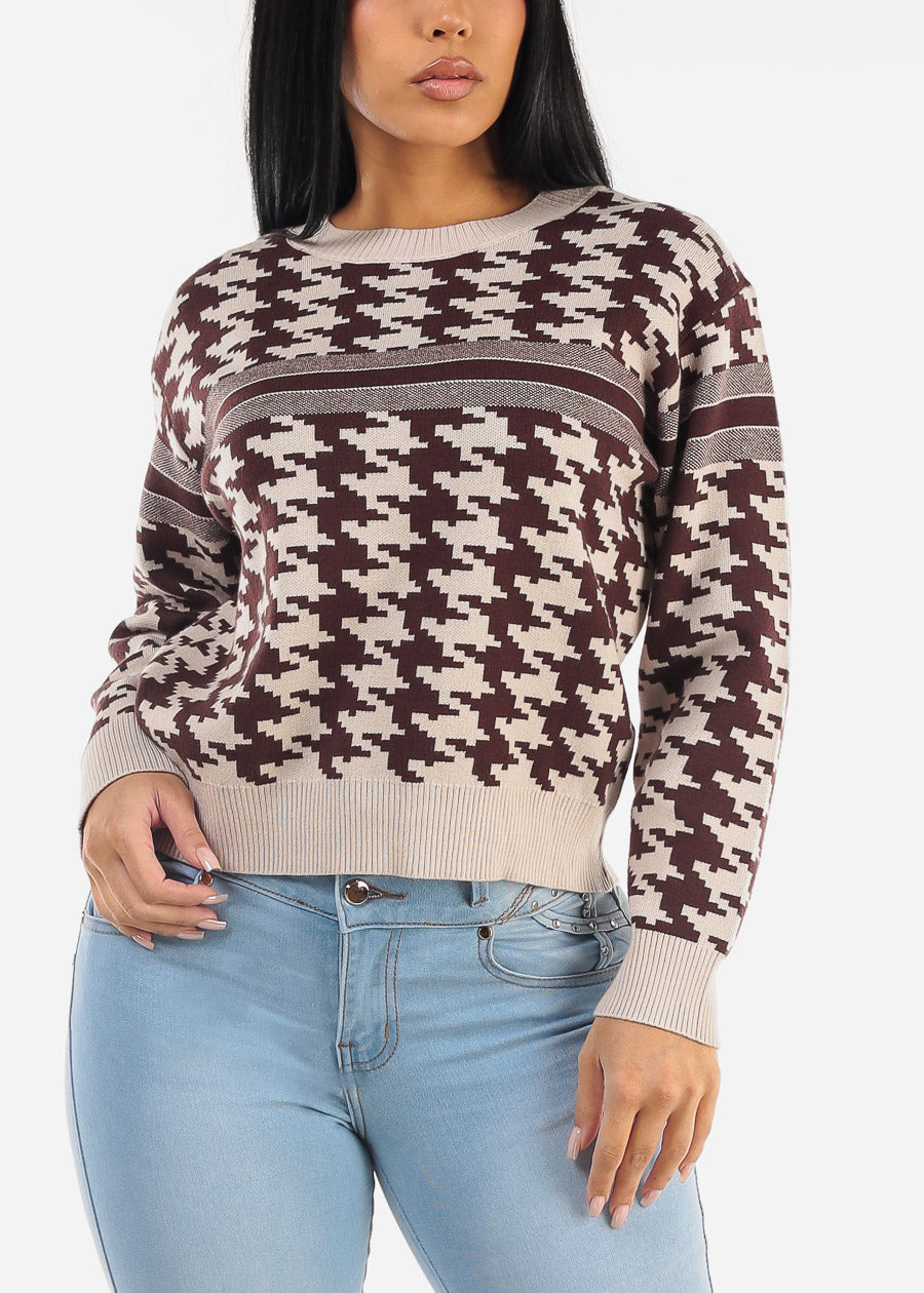 Round Neck Long Sleeve Printed Sweater Taupe