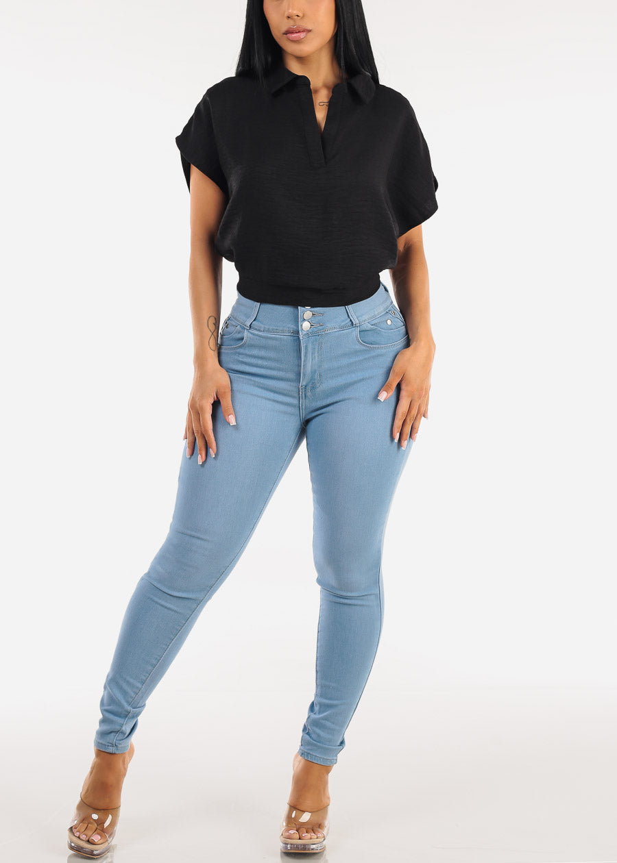 Short Sleeve Collared Linen Style Blouse Black