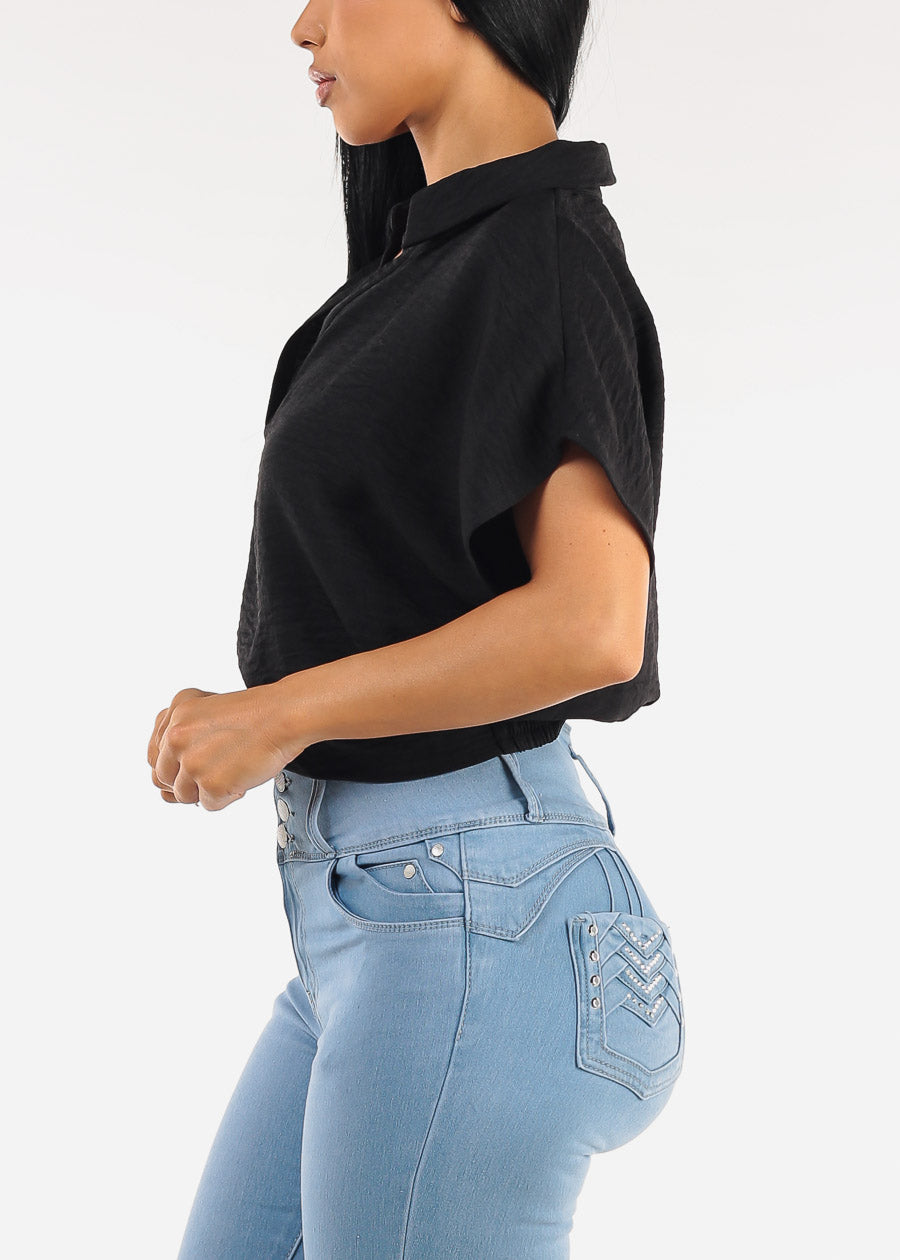 Short Sleeve Collared Linen Style Blouse Black