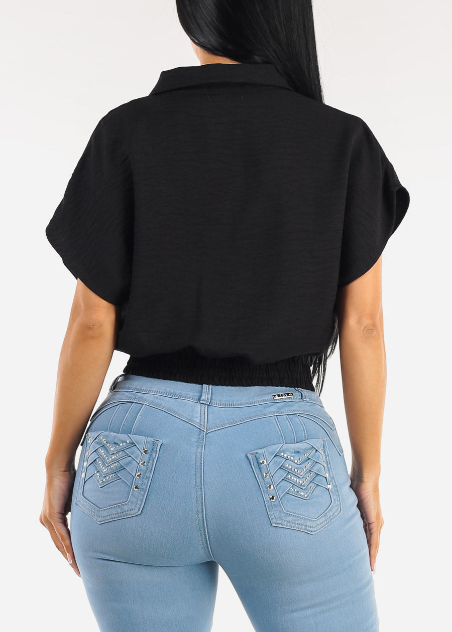 Short Sleeve Collared Linen Style Blouse Black