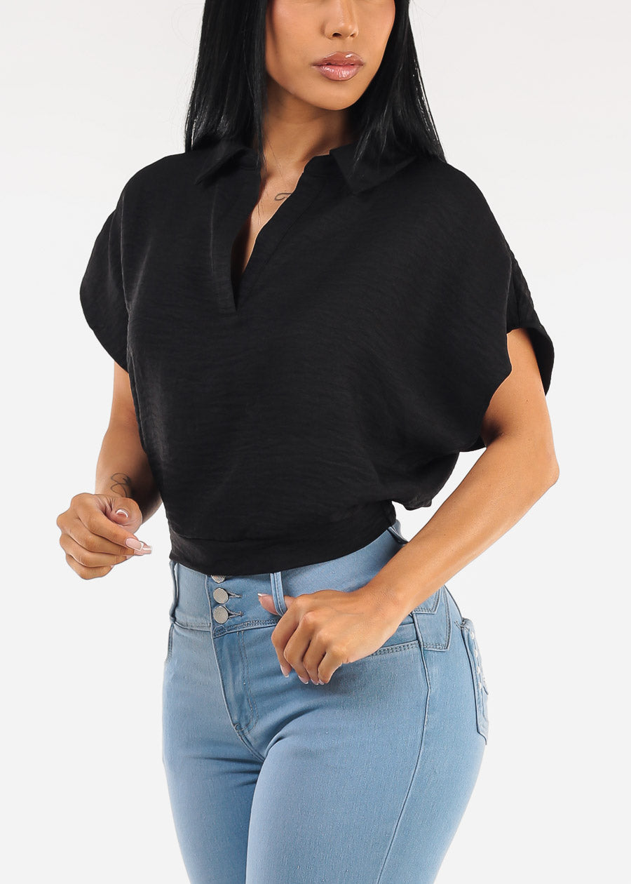 Short Sleeve Collared Linen Style Blouse Black