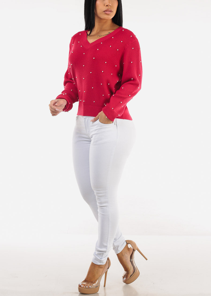 Long Sleeve Vneck Red Pearl Sweater