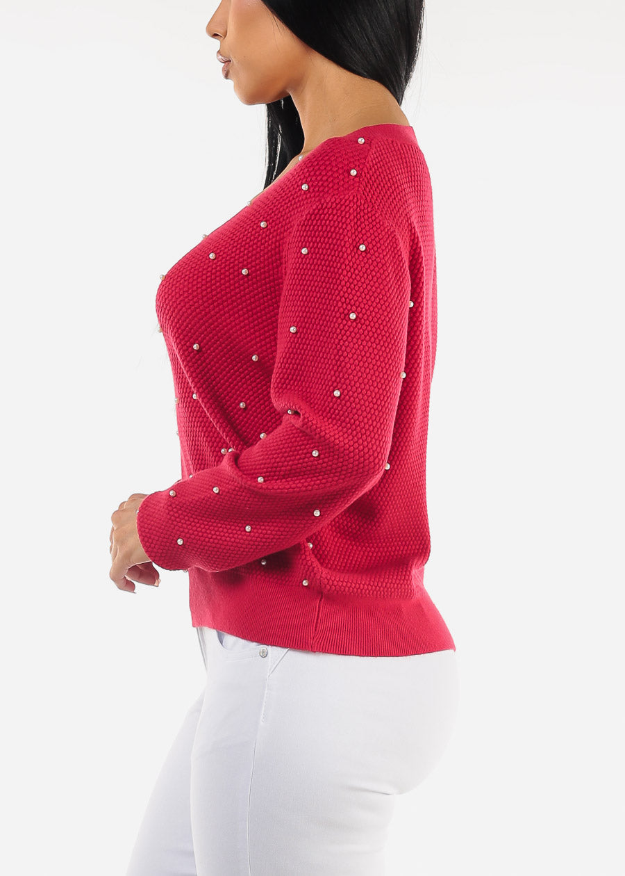 Long Sleeve Vneck Red Pearl Sweater