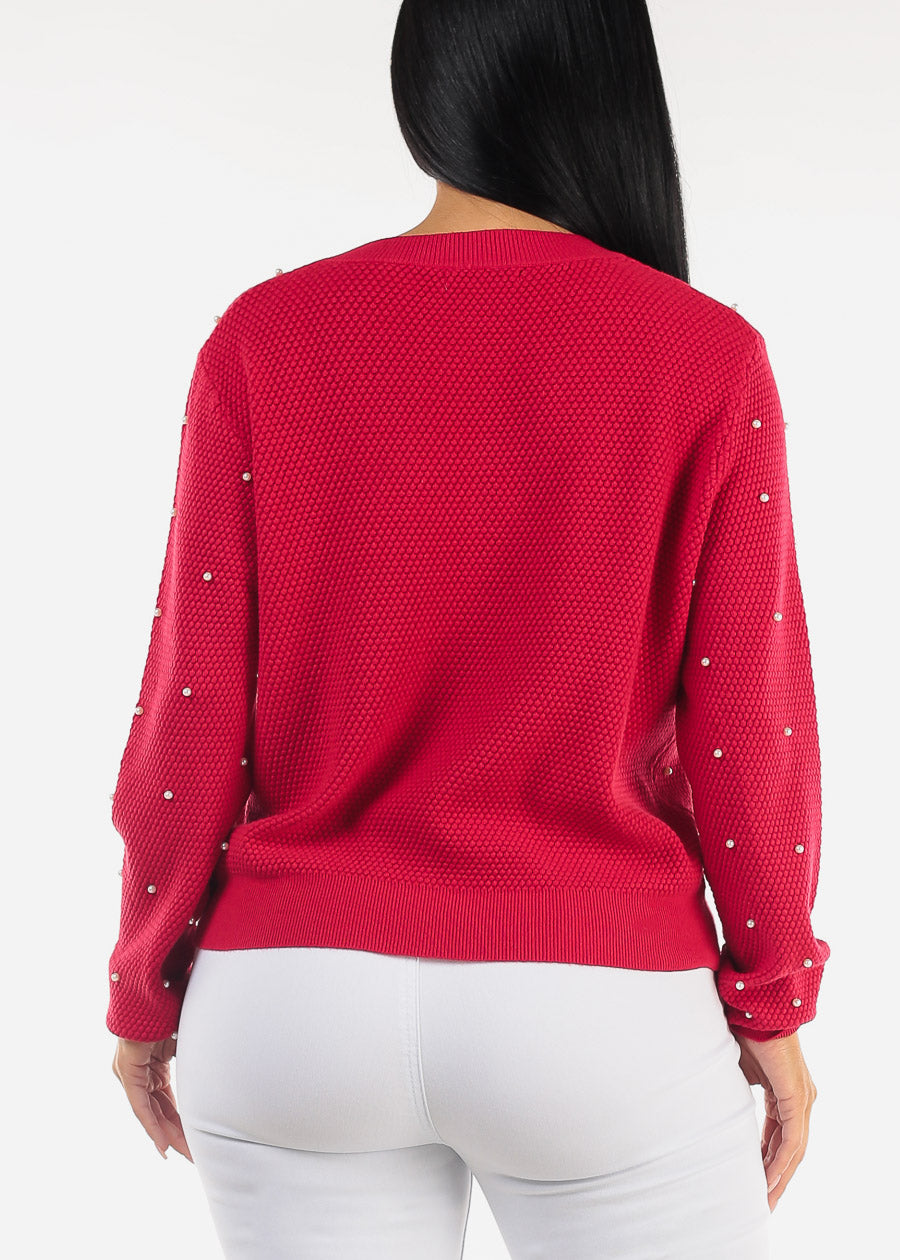 Long Sleeve Vneck Red Pearl Sweater