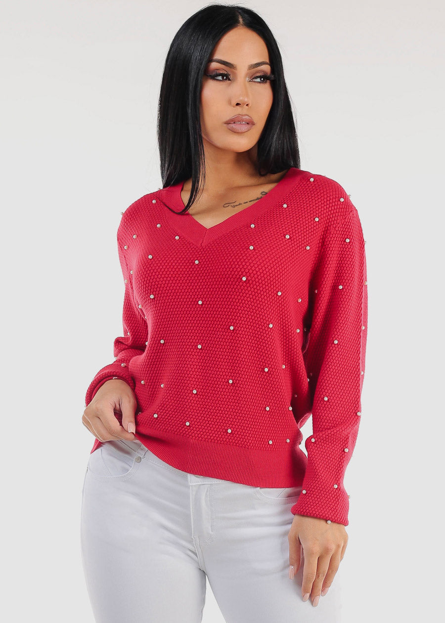 Long Sleeve Vneck Red Pearl Sweater