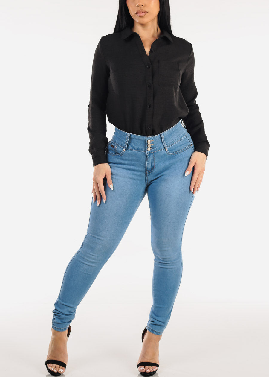 Long Sleeve Button Up Linen Collared Blouse Black