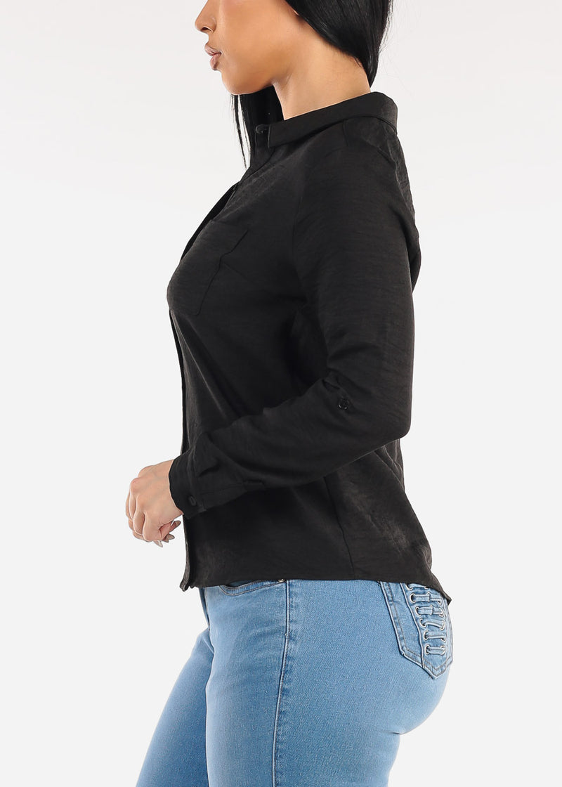 Long Sleeve Button Up Linen Collared Blouse Black