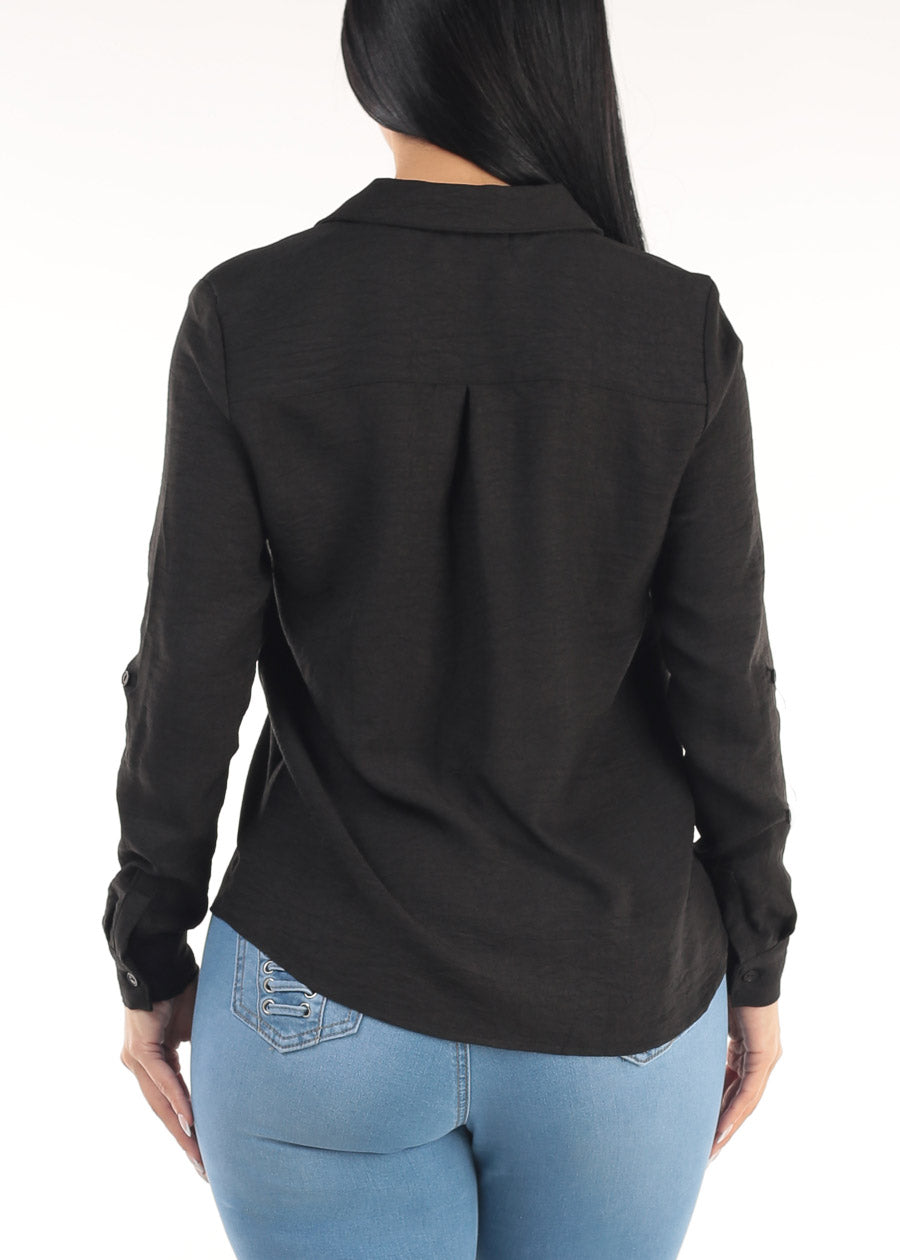 Long Sleeve Button Up Linen Collared Blouse Black