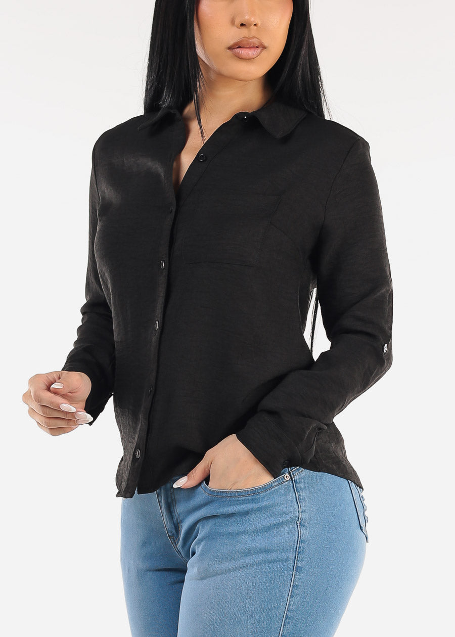 Long Sleeve Button Up Linen Collared Blouse Black