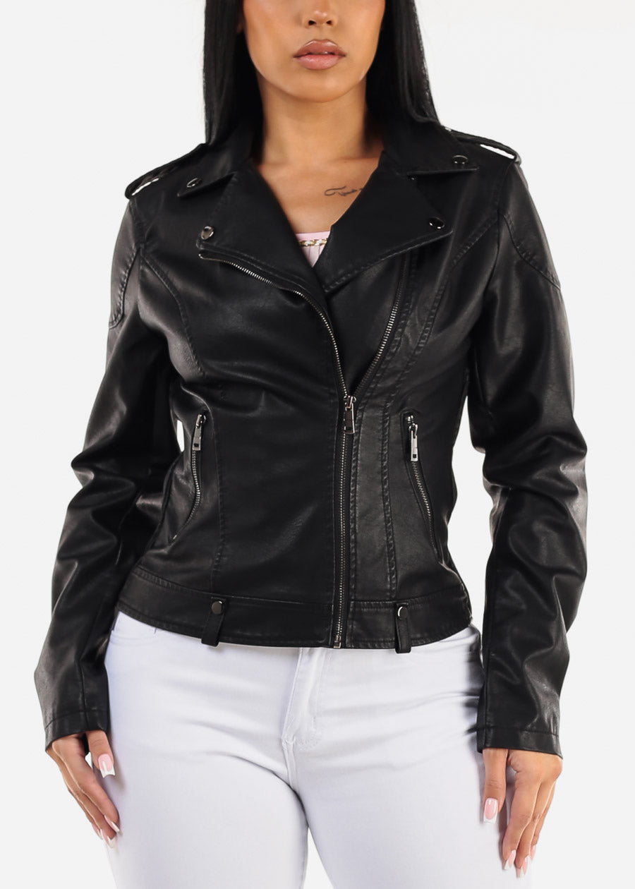 Long Sleeve Vegan Leather Biker Jacket Black