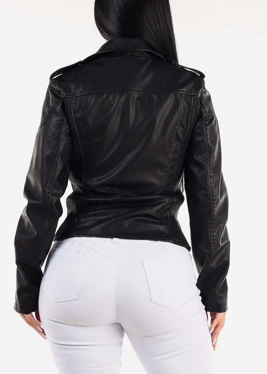 Long Sleeve Vegan Leather Biker Jacket Black