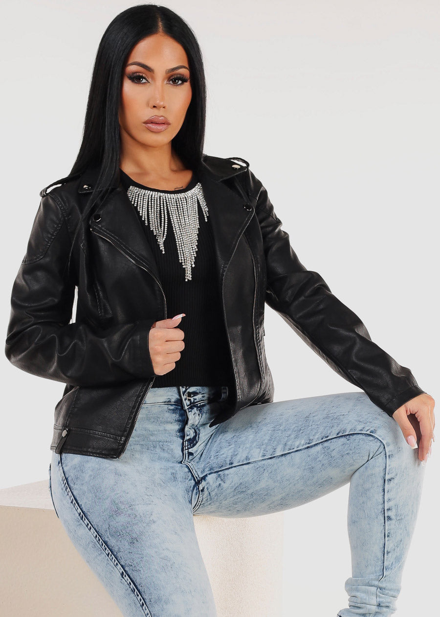 Long Sleeve Vegan Leather Biker Jacket Black