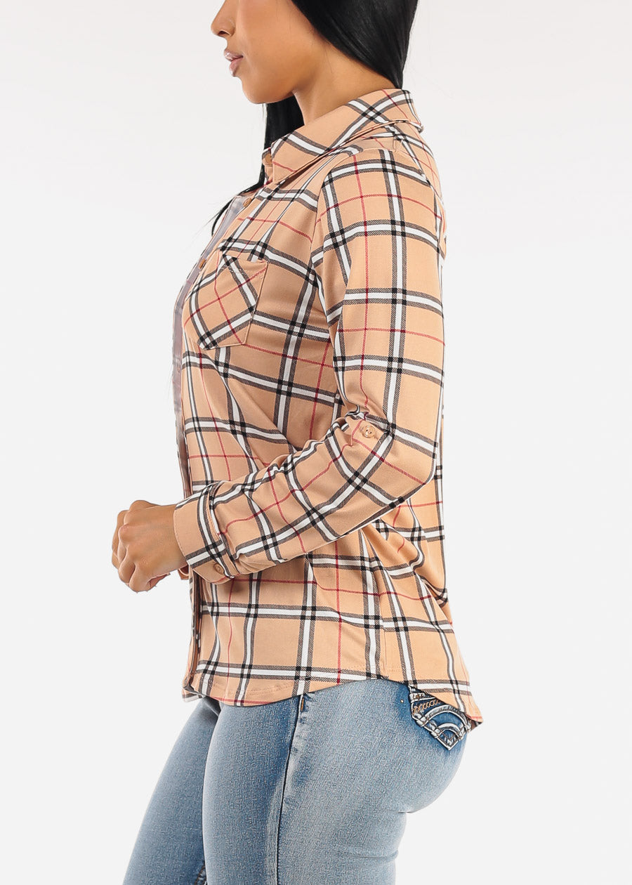 Stretch Long Sleeve Plaid Button Up Collared Blouse Taupe